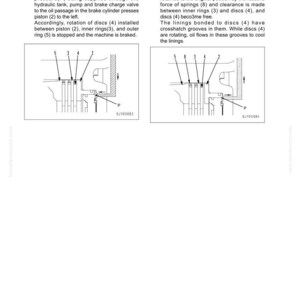 May include: Diagram illustrating the operation of a brake system, with labels for components like piston, discs, and rings. The text explains the brake's function when engaged and released, with detailed descriptions.