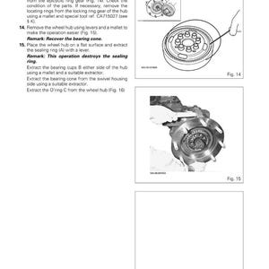 May include: Diagrams from a manual detailing the disassembly of Carraro final drive units. The images show various components, including ring gears, hubs, and bearing cones, with instructions for removal and extraction.