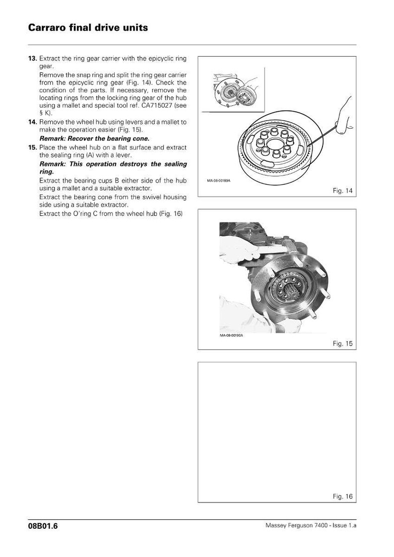 May include: Diagrams from a manual detailing the disassembly of Carraro final drive units. The images show various components, including ring gears, hubs, and bearing cones, with instructions for removal and extraction.