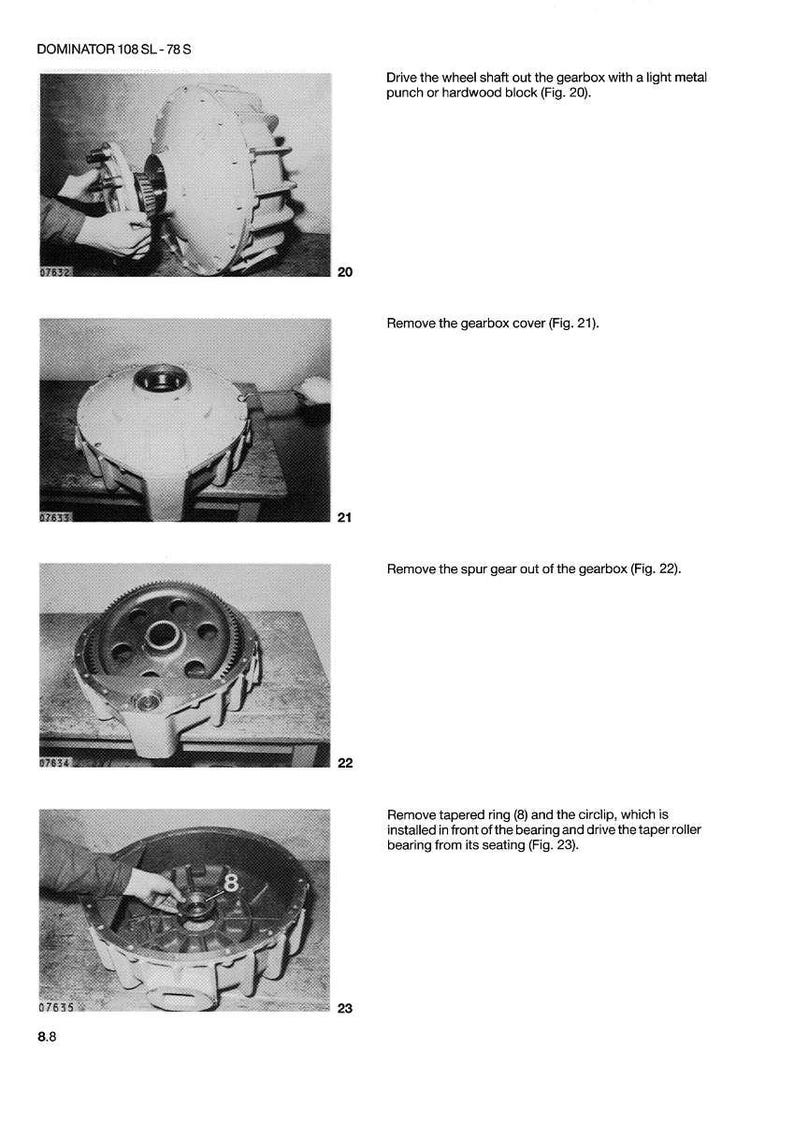 Puede incluir: Una serie de im&aacute;genes en blanco y negro que ilustran componentes mec&aacute;nicos y pasos de montaje. Las im&aacute;genes incluyen una caja de cambios, engranajes e instrucciones con figuras y texto. El texto incluye "DOMINATOR 108 SL - 78 S".