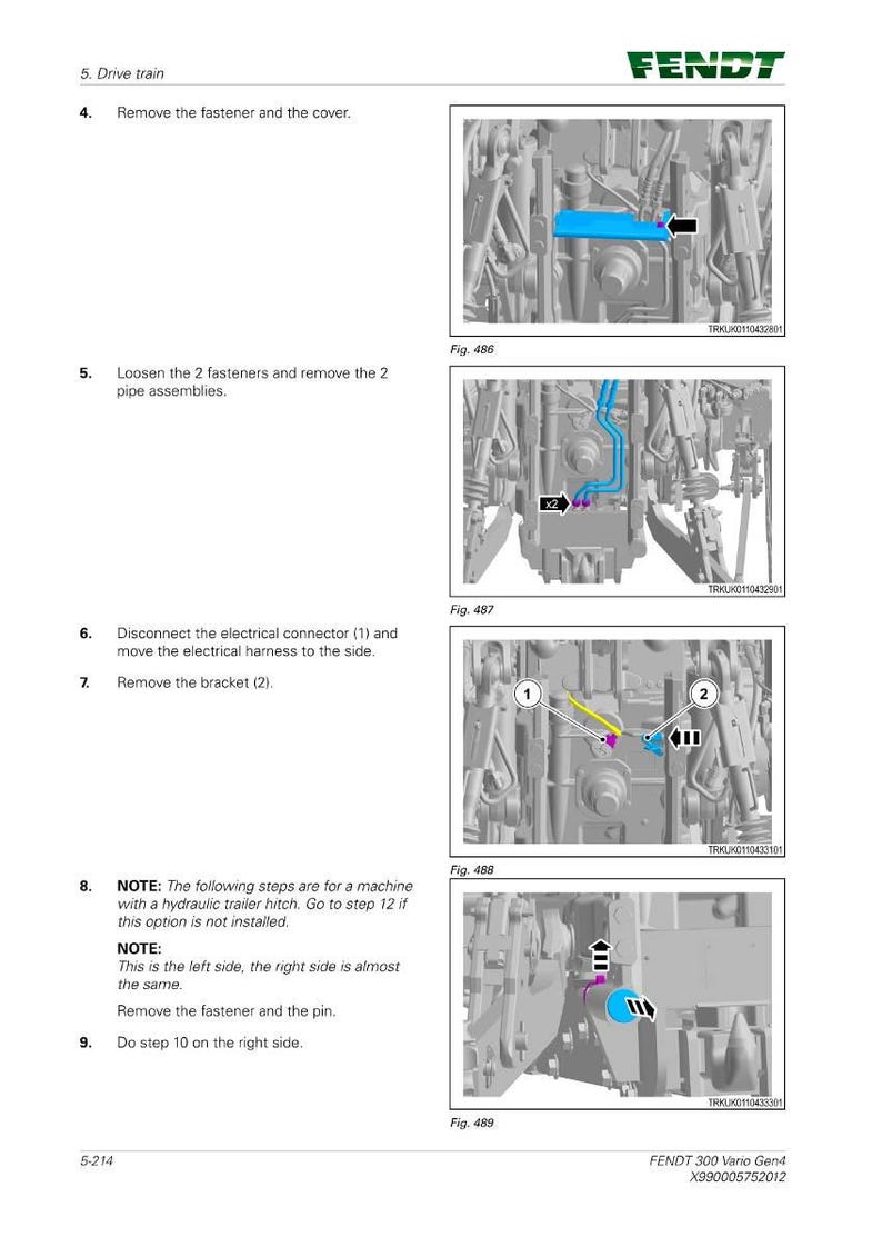 May include: Diagram illustrating maintenance steps for a Fendt 300 Vario Gen4 machine. The image shows close-ups of components with labels and arrows. Text instructions are provided, including notes on fastener removal and electrical connections.