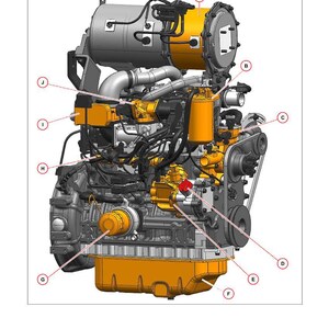 Peut inclure: Sch&eacute;ma d'un moteur diesel Yanmar 4TNV86CT-41 KW, vu de gauche. Le moteur est principalement gris et jaune, avec divers composants &eacute;tiquet&eacute;s de A &agrave; J. L'image comprend le logo Kramer et le texte "2 Engine".