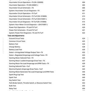 May include: A white page with a list of tests and adjustments for a system, including ground circuit tests, battery tests, and starting motor tests. The page also includes a list of system diagnostics.