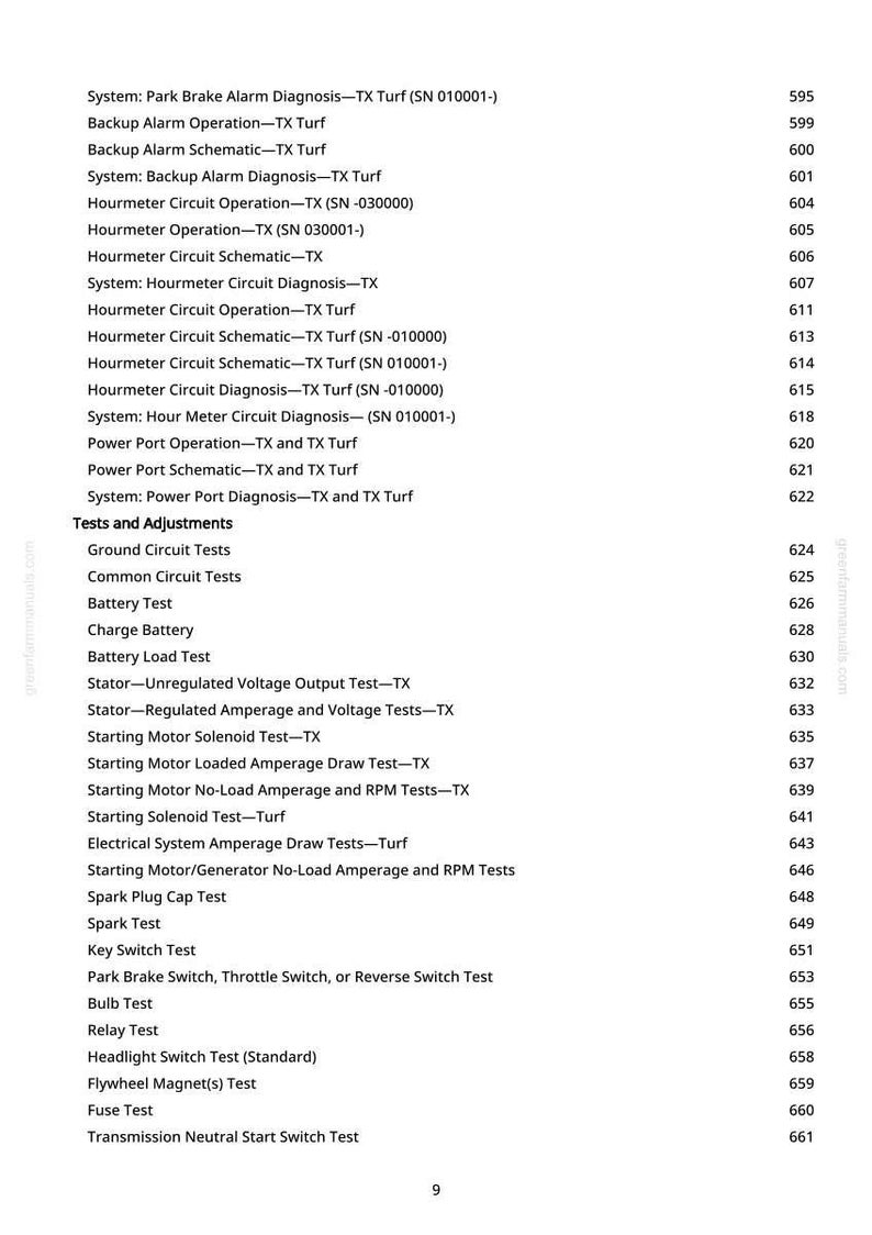 May include: A white page with a list of tests and adjustments for a system, including ground circuit tests, battery tests, and starting motor tests. The page also includes a list of system diagnostics.