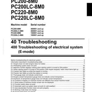 May include: Shop manual page for a hydraulic excavator, featuring models PC200-8M0, PC200LC-8M0, PC220-8M0, and PC220LC-8M0. Includes troubleshooting information for the electrical system, with a table of contents and specific error codes.