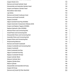 May include: A white page detailing automotive repair tasks, such as "Remove and Install Flywheel" and "Measure Cylinder Bore." Page numbers are displayed on the right.