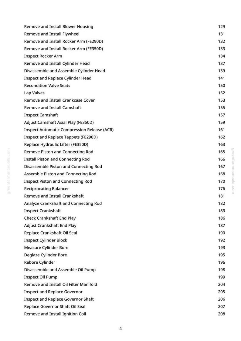 May include: A white page detailing automotive repair tasks, such as "Remove and Install Flywheel" and "Measure Cylinder Bore." Page numbers are displayed on the right.
