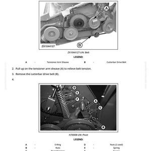 May include: Diagram showing the process to remove and install a drive belt tensioner assembly. The image features detailed views of mechanical parts, labelled with letters and descriptions, including "Tensioner Arm Sheave" and "Cutterbar Drive Belt."