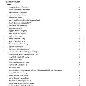 May include: A white page displaying a table of contents from a manual. The title "Table of Contents" is at the top, followed by sections like "Foreword," "General Information," and "Safety." Numerous safety-related topics are listed, such as "Handle Fuel Safely" and "Prevent Battery Explosions."