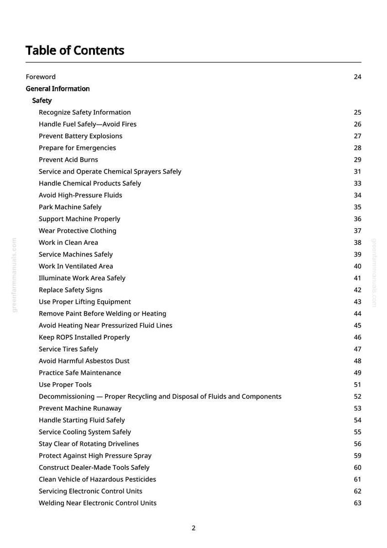 May include: A white page displaying a table of contents from a manual. The title "Table of Contents" is at the top, followed by sections like "Foreword," "General Information," and "Safety." Numerous safety-related topics are listed, such as "Handle Fuel Safely" and "Prevent Battery Explosions."