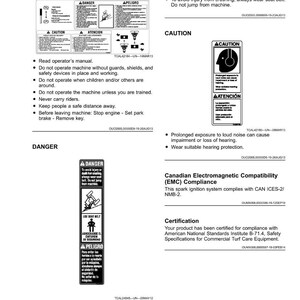 May include: Image of safety labels with text, including "Danger," "Caution," and "Use Seat Belt" warnings. The labels provide instructions and safety information for operating machinery, with text in English and Spanish.