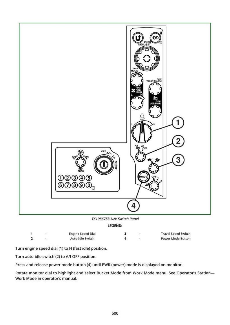 May include: A detailed diagram of a switch panel with various buttons and dials. The panel includes an engine speed dial, auto-idle switch, and power mode button. Text on the panel includes "PUSH", "MODE", and "START".
