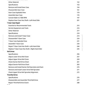 K&ouml;nnte beinhalten: Eine Seite aus einem Handbuch mit Reparatur- und Wartungsverfahren f&uuml;r landwirtschaftliche Ger&auml;te. Der Text umfasst Themen wie Getriebereparatur, Walzenantriebe und Zapfwellenkomponenten, mit entsprechenden Seitenzahlen.