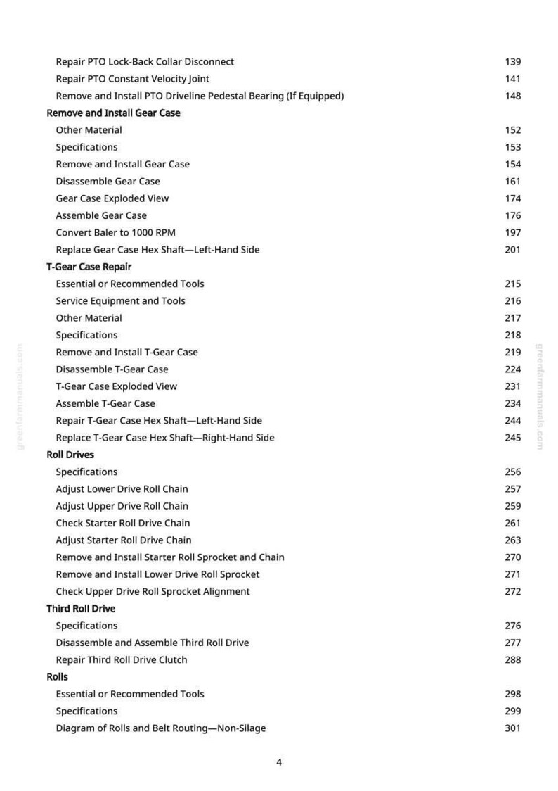 K&ouml;nnte beinhalten: Eine Seite aus einem Handbuch mit Reparatur- und Wartungsverfahren f&uuml;r landwirtschaftliche Ger&auml;te. Der Text umfasst Themen wie Getriebereparatur, Walzenantriebe und Zapfwellenkomponenten, mit entsprechenden Seitenzahlen.