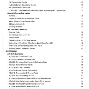 May include: A page from a manual with a table of contents. The text includes "Operational Checks," "Service Codes," and "ACU Code Diagnostics." The page number is 3. The text is in black font.