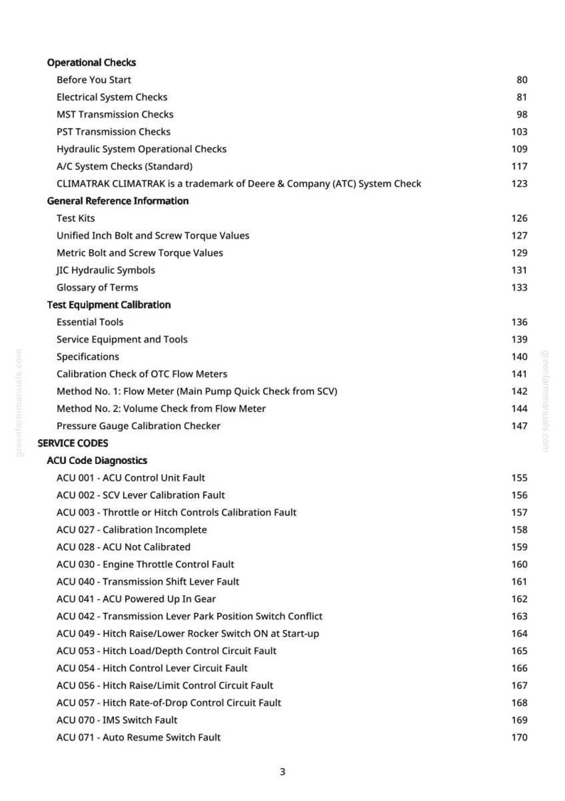 May include: A page from a manual with a table of contents. The text includes "Operational Checks," "Service Codes," and "ACU Code Diagnostics." The page number is 3. The text is in black font.