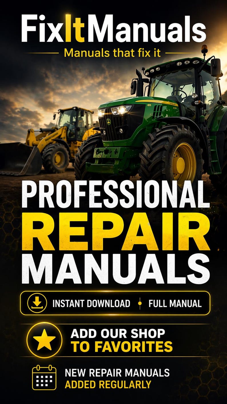 K&ouml;nnte beinhalten: Werbegrafik f&uuml;r FixItManuals mit einem gr&uuml;nen Traktor und einem gelben Frontlader. Der Text enth&auml;lt "PROFESSIONAL REPAIR MANUALS", "INSTANT DOWNLOAD" und "ADD OUR SHOP TO FAVORITES".