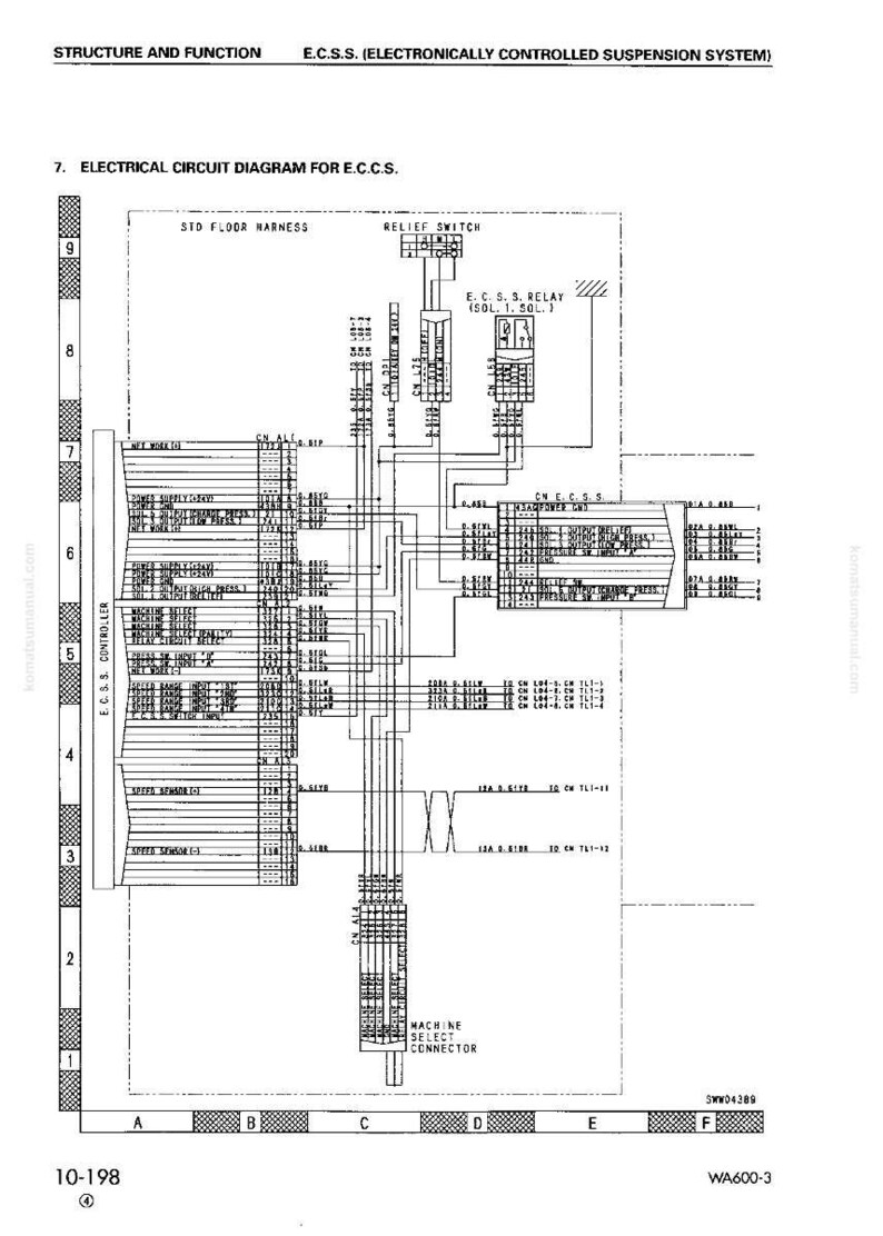 May include: An electrical circuit diagram for an E.C.C.S. (Electronically Controlled Suspension System). The diagram is labeled with text and includes various components, lines, and connectors. The diagram is in black and white.