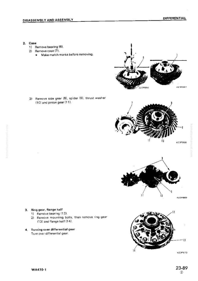 May include: Diagram of differential disassembly and assembly, featuring various mechanical components like gears, bearings, and washers. The image includes numbered parts and instructions for removing and assembling the components. The text "WA470-1" and "23-89" are visible.