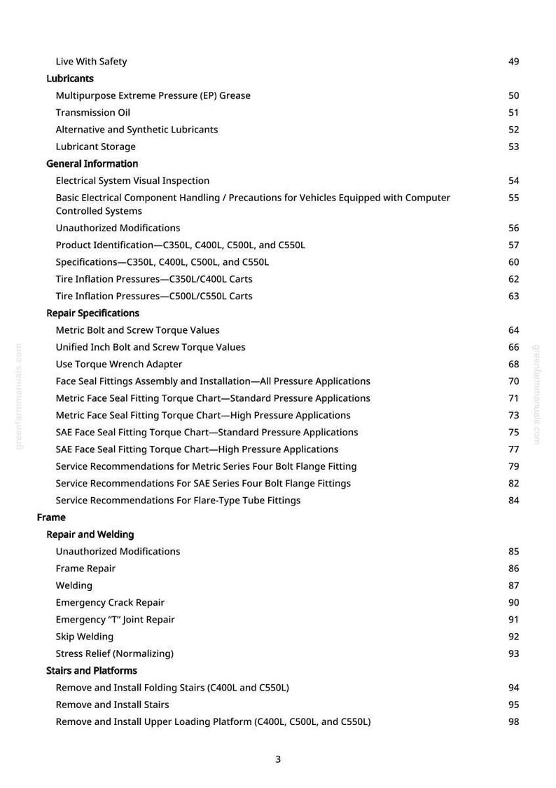 Peut inclure: Une page imprim&eacute;e d'un manuel avec une table des mati&egrave;res. La table r&eacute;pertorie des sujets tels que les lubrifiants, les sp&eacute;cifications de r&eacute;paration et la r&eacute;paration du cadre. La page a un fond blanc avec du texte noir.