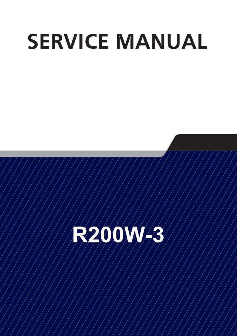 Puede incluir: Un documento titulado "SERVICE MANUAL" con el identificador "R200W-3". El fondo es azul oscuro con un patr&oacute;n de l&iacute;neas diagonales blancas. Una barra negra y gris se encuentra en la parte superior del fondo azul.