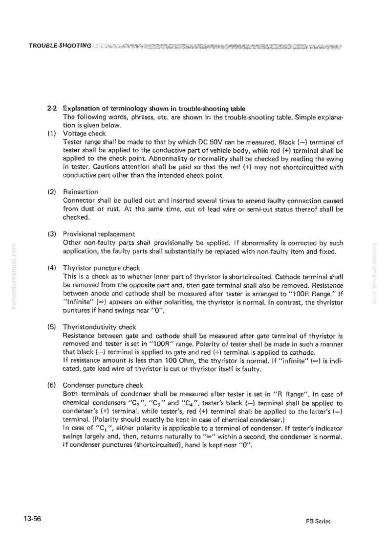 Op de afbeelding: Een pagina uit een handleiding met probleemoplossingsinstructies. De tekst bevat uitleg over terminologie, spanningscontroles, herinvoegprocedures en thyristor- en condensatorcontroles. Het document is getiteld "TROUBLE-SHOOTING".