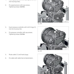 May include: Assembly diagram showing the installation of speed sensors and a pressure controller. The image includes detailed steps with illustrations of mechanical components, including cap screws and cables. The tightening torque is 9.5 Nm.