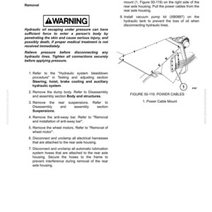 May include: A manual page detailing rear axle removal and installation. It features a warning about hydraulic oil, numbered instructions, and a diagram of power cables. Measurements are in metric.