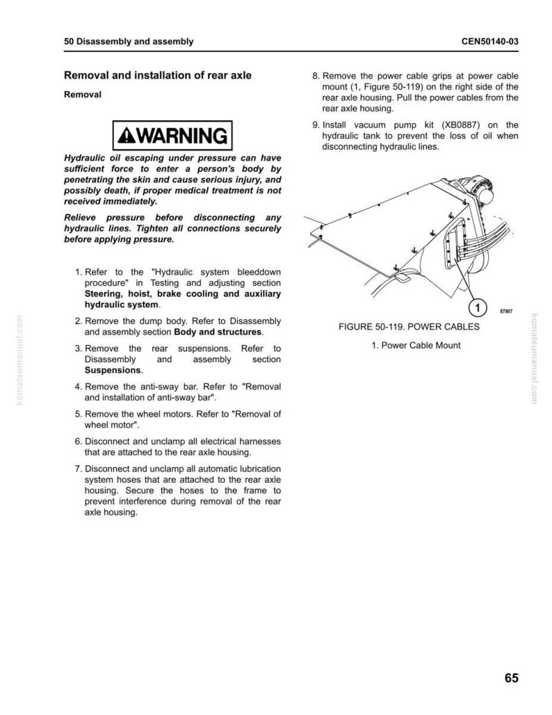 May include: A manual page detailing rear axle removal and installation. It features a warning about hydraulic oil, numbered instructions, and a diagram of power cables. Measurements are in metric.