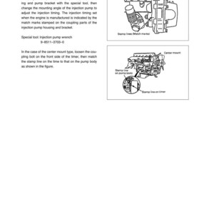 May include: Diagram from a manual detailing fuel injection timing adjustment. The image includes illustrations of engine components, with labels such as "Stamp lines" and "Center mount." Text explains the procedure for flange and center mount types, with a special tool reference.