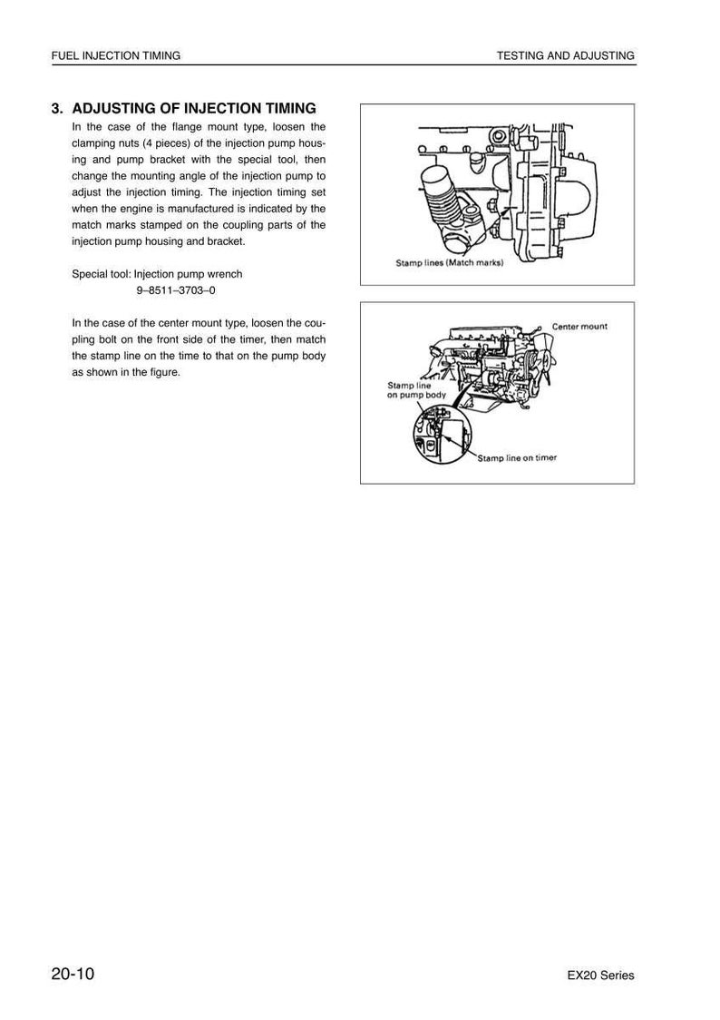 May include: Diagram from a manual detailing fuel injection timing adjustment. The image includes illustrations of engine components, with labels such as "Stamp lines" and "Center mount." Text explains the procedure for flange and center mount types, with a special tool reference.