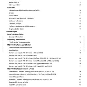 May include: A page from a manual with a table of contents. The text includes topics like "Lubricants", "Driveline Repair", and "PTO Driveline". The page number is 3.