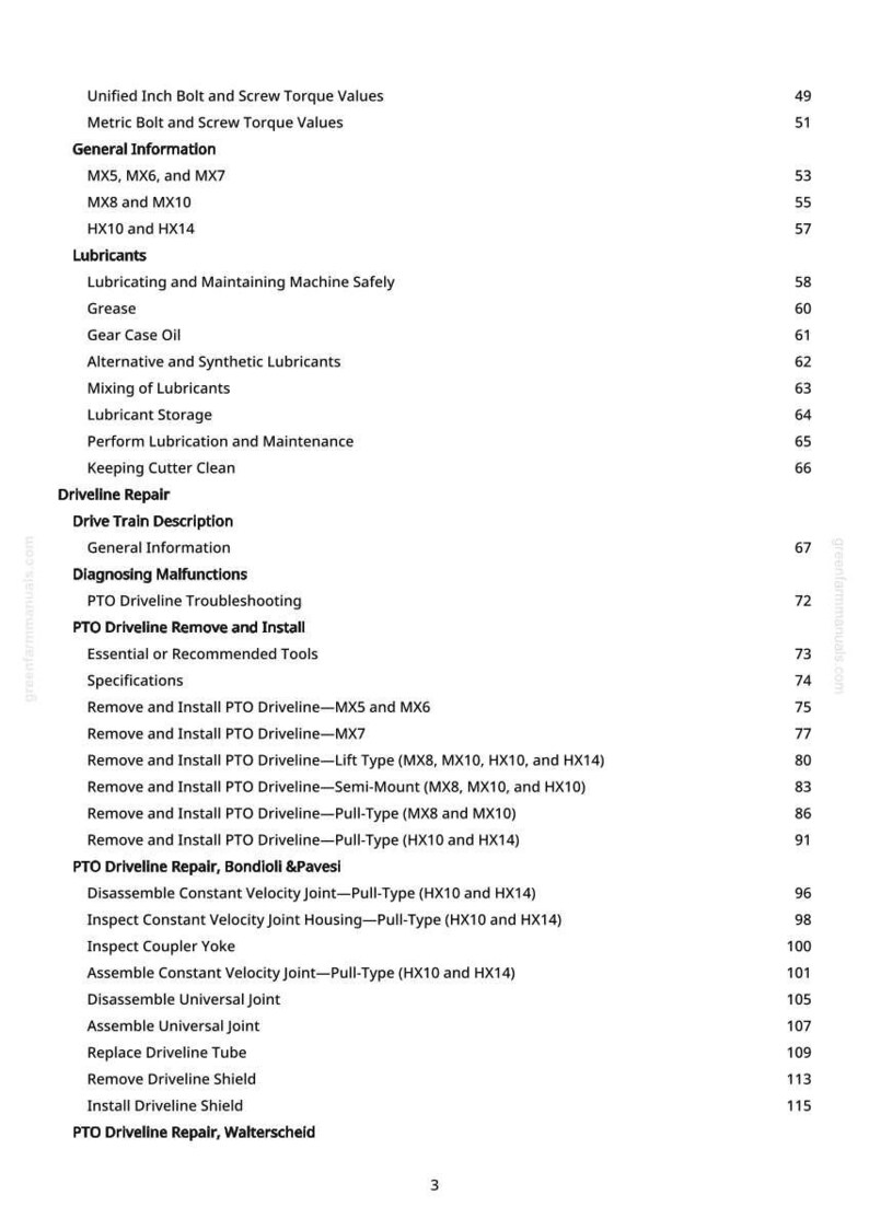 May include: A page from a manual with a table of contents. The text includes topics like "Lubricants", "Driveline Repair", and "PTO Driveline". The page number is 3.