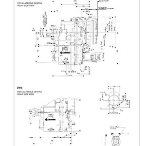 May include: Technical diagram of a Carraro TLB2 4WD 4WS/2WS PS model, featuring detailed dimensional drawings in millimeters. Includes right side views of 4WS and 2WS configurations, with overall dimensions and specifications.