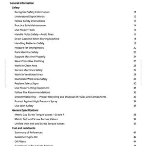 May include: A white page with a black table of contents for a manual. The table includes sections on safety, general specifications, and fuel and lubricants. The page number is 2.