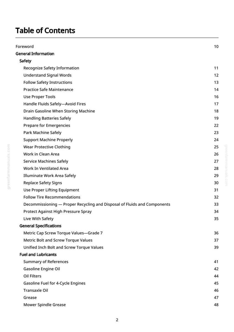 May include: A white page with a black table of contents for a manual. The table includes sections on safety, general specifications, and fuel and lubricants. The page number is 2.