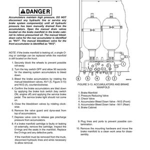 May include: Diagram of a brake manifold with accumulators, valves, and a brake cabinet. Text includes safety warnings and instructions for removal and maintenance of the brake system components. Figure 3-13.