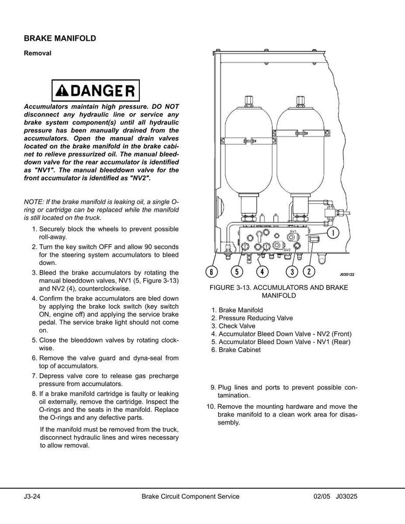 May include: Diagram of a brake manifold with accumulators, valves, and a brake cabinet. Text includes safety warnings and instructions for removal and maintenance of the brake system components. Figure 3-13.