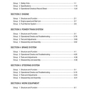 May include: A white printed page with a table of contents. The contents are divided into sections such as General, Engine, Power Train System, Brake System, Steering System, and Work Equipment. Each section lists groups and page numbers.