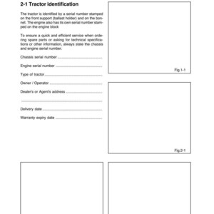May include: A page from a tractor manual with the title "INTRODUCTION" and "Sect. 2 - Tractor identification." The text describes how to identify a tractor using serial numbers and includes fields for information like chassis and engine serial numbers.