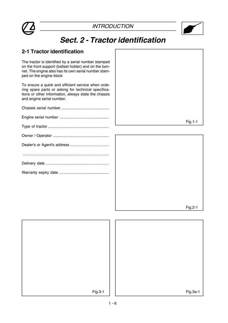 May include: A page from a tractor manual with the title "INTRODUCTION" and "Sect. 2 - Tractor identification." The text describes how to identify a tractor using serial numbers and includes fields for information like chassis and engine serial numbers.