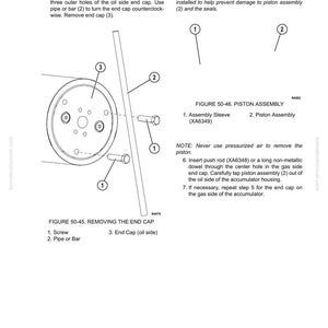 K&ouml;nnte beinhalten: Diagramm aus einem Handbuch, das die Demontage und Montage eines Kolbens zeigt. Das Diagramm enth&auml;lt beschriftete Teile wie Schrauben, ein Rohr oder eine Stange und eine Endkappe. Der Text enth&auml;lt Anweisungen und Abbildungsverweise.