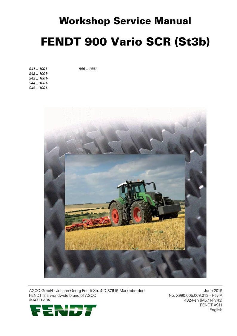 Op de afbeelding: Workshop Service Manual voor FENDT 900 Vario SCR (St3b). De omslag toont een groene tractor in een veld. Het FENDT-logo staat onderaan de pagina.