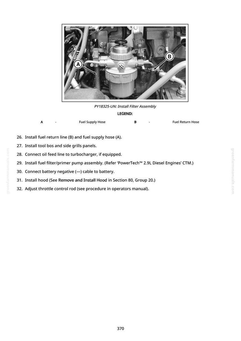 May include: An engine component diagram with the text "PY18325-UN: Install Filter Assembly" and a legend. The image shows a fuel filter assembly with hoses labeled A and B. Instructions are listed below the diagram.