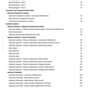May include: A detailed page from a manual, featuring a table of contents for an electrical and hydraulic system. The text includes sections on schematics, wiring diagrams, and component information. The page is white with black text.