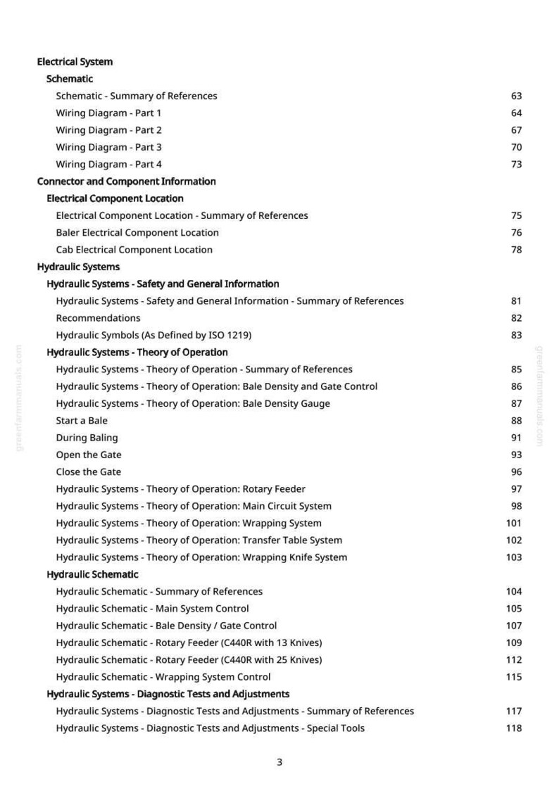 May include: A detailed page from a manual, featuring a table of contents for an electrical and hydraulic system. The text includes sections on schematics, wiring diagrams, and component information. The page is white with black text.