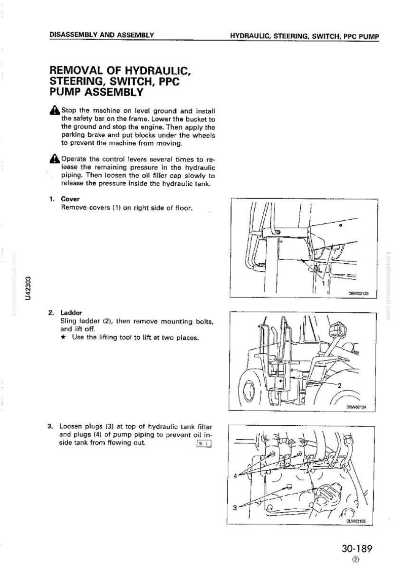 May include: Diagram from a manual detailing the disassembly and assembly of a hydraulic, steering, switch, and PPC pump assembly. Includes illustrations of components and step-by-step instructions for removal and maintenance.