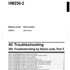 May include: Shop manual for an articulated dump truck, model HM250-2, with serial numbers 2001 and up. The document includes a troubleshooting section with failure codes and descriptions for various issues.