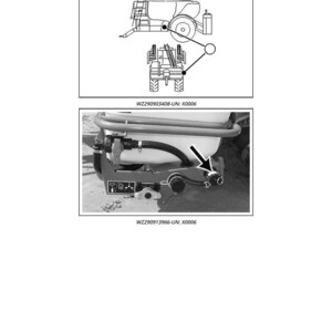 Pu&ograve; includere: Diagrammi di un accoppiatore per valvola di trasferimento chimico chiuso, etichettato X0006. L'immagine include uno schema dell'accoppiatore collegato a un trattore e una foto dettagliata del gruppo valvola. Il testo include "Closed Chemical Transfer Valve Coupler".