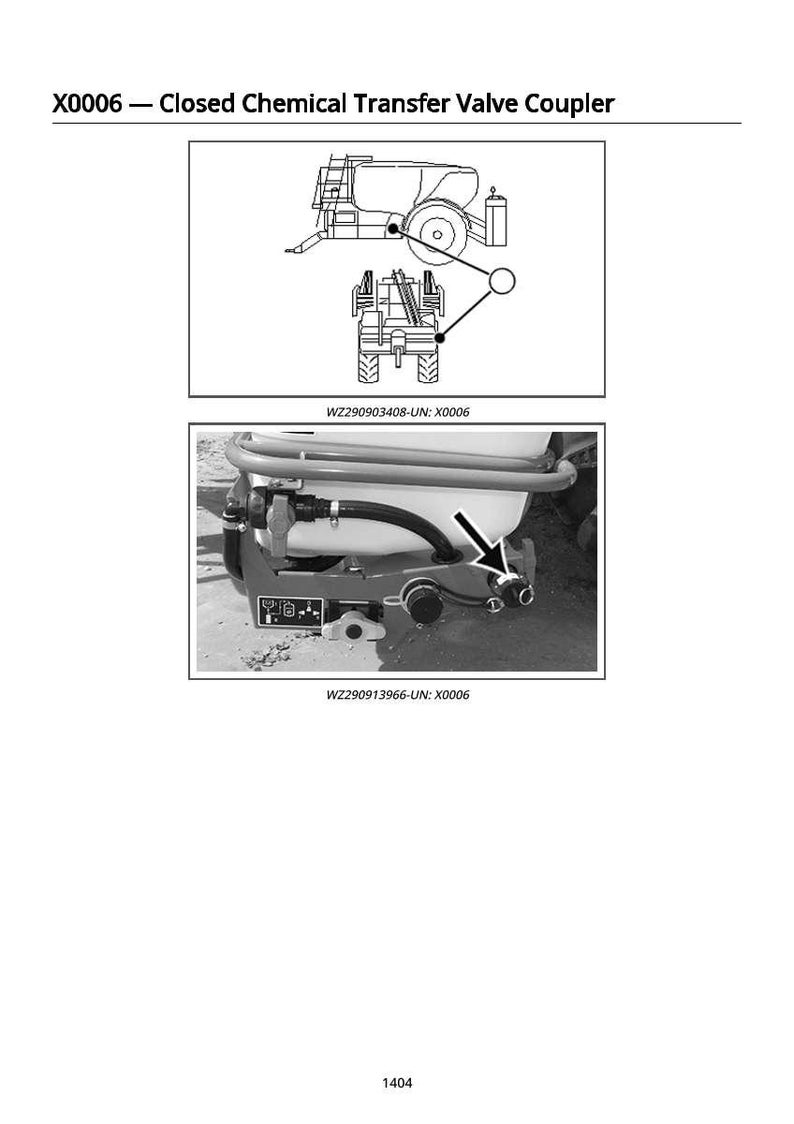 Pu&ograve; includere: Diagrammi di un accoppiatore per valvola di trasferimento chimico chiuso, etichettato X0006. L'immagine include uno schema dell'accoppiatore collegato a un trattore e una foto dettagliata del gruppo valvola. Il testo include "Closed Chemical Transfer Valve Coupler".